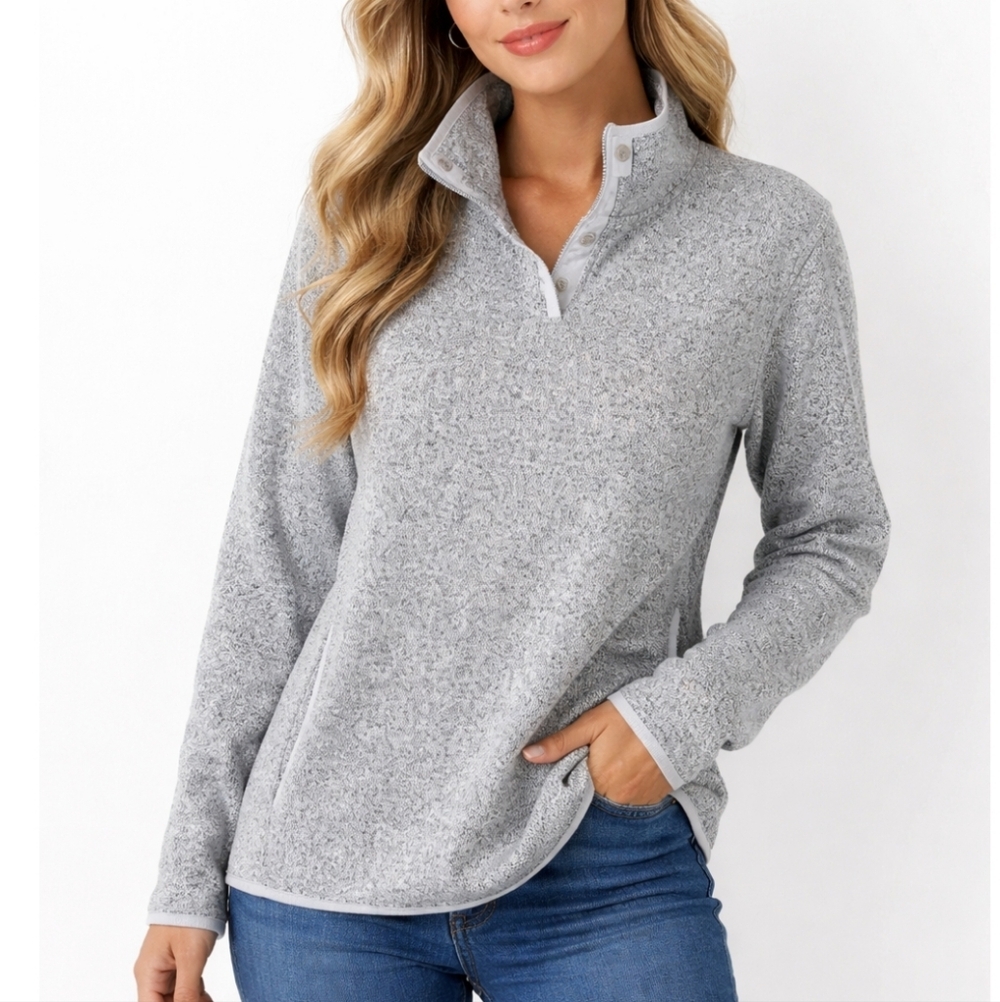 Eddie Bauer Heather Gray Snap Mock Neck Pullover Sweate XL | Cozy Lightweight